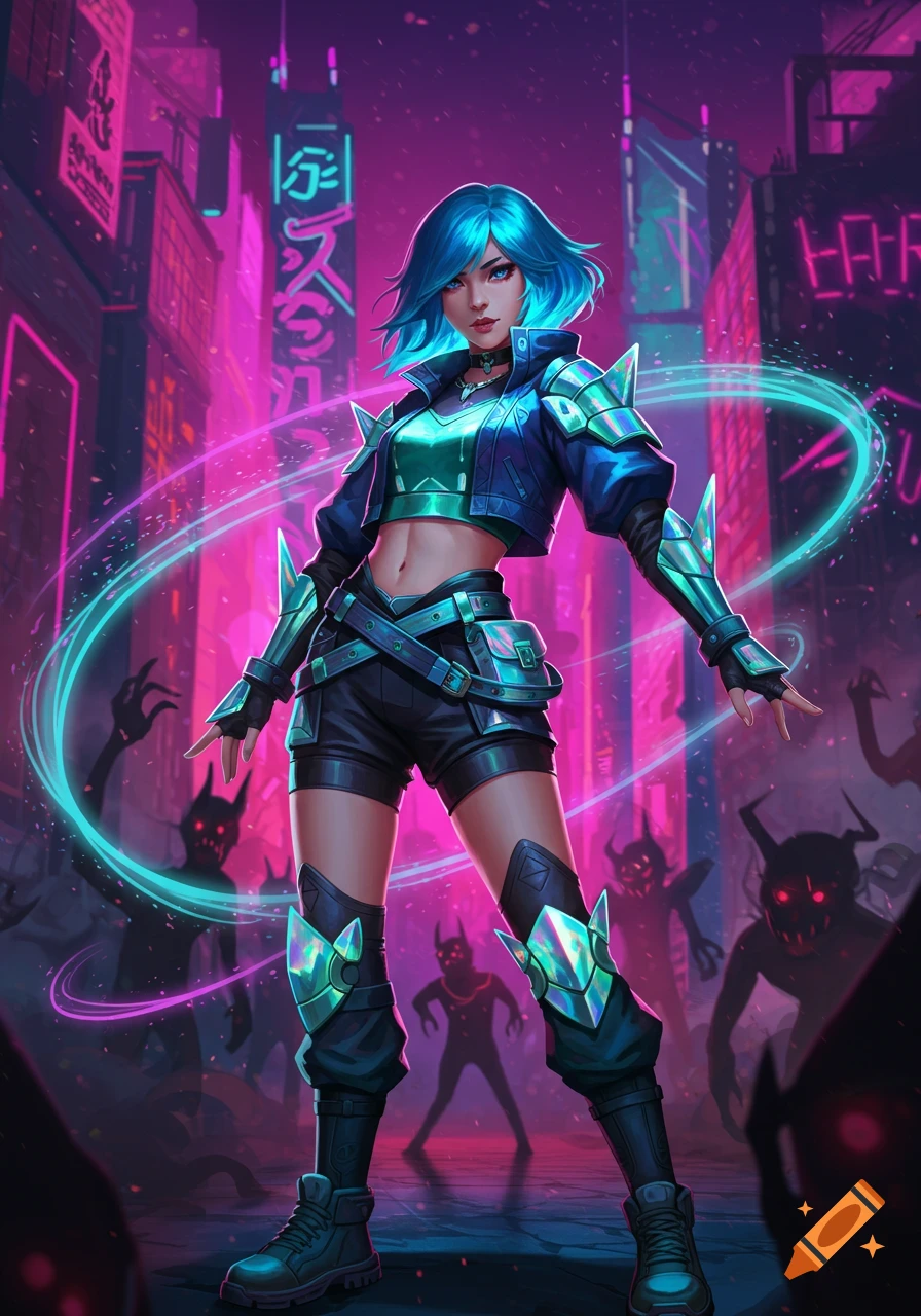 A blue-haired woman in futuristic armor stands in a neon-lit cyberpunk city with red-eyed demons in the background.