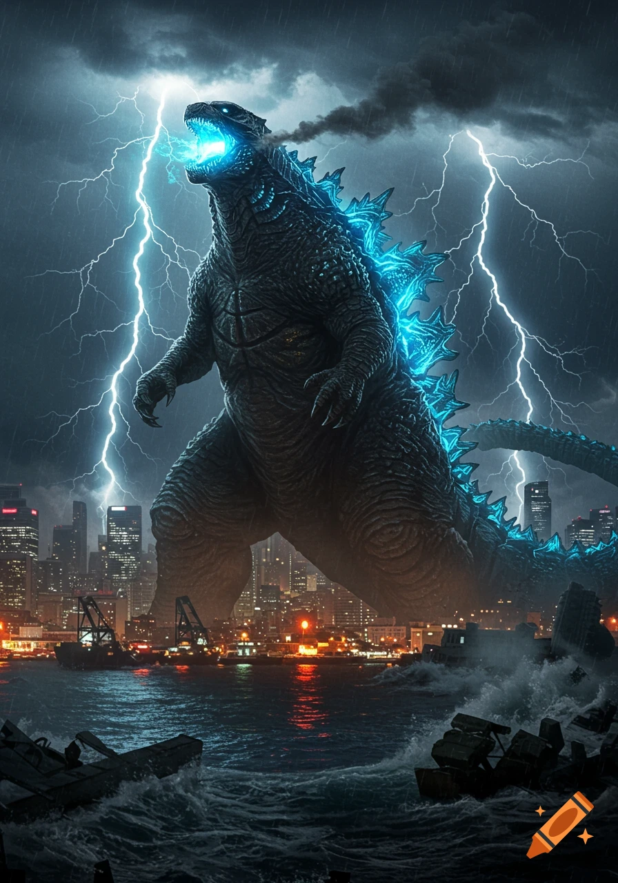 Godzilla roaring with glowing blue spikes, standing in a city under a dark, stormy sky with lightning.