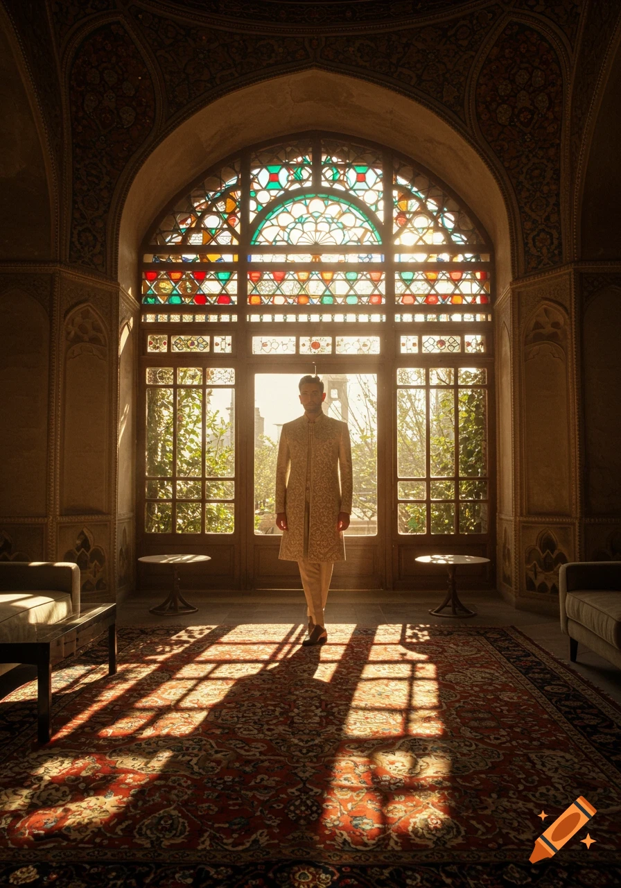 Man in an elegant Iranian outfit stands in a traditional house with stained-glass windows, sunlight on Persian carpets.