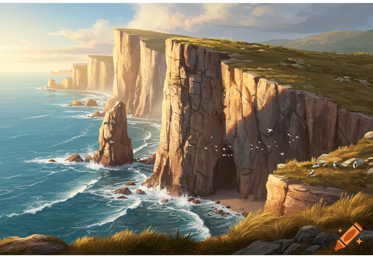 Dramatic sea cliffs and a prominent rock stack along a rugged coastline, with waves crashing below and birds flying under a bright sky.