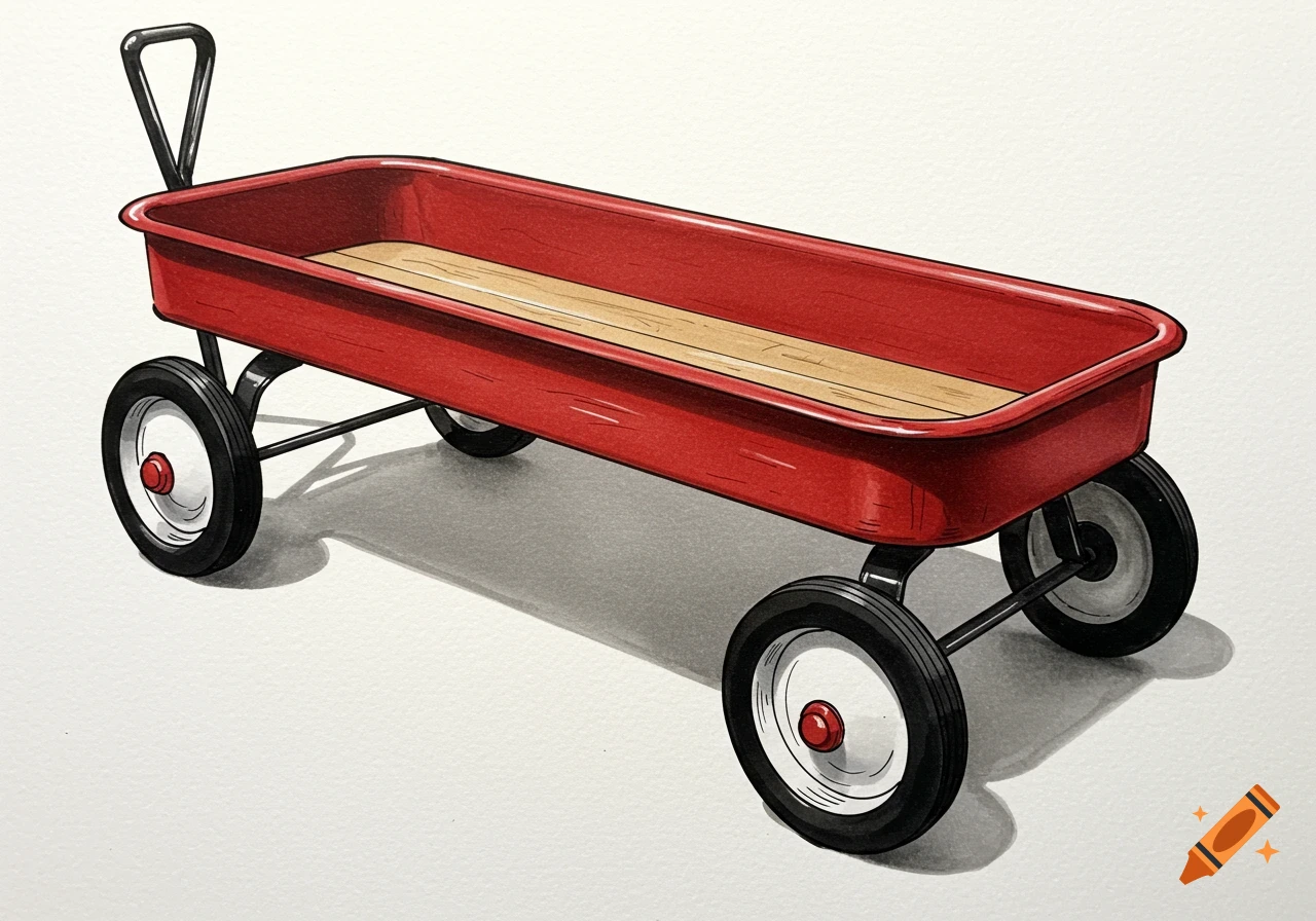 A fine line drawing illustration of a red toy wagon with a wooden bed and black wheels, casting a shadow on a white background.