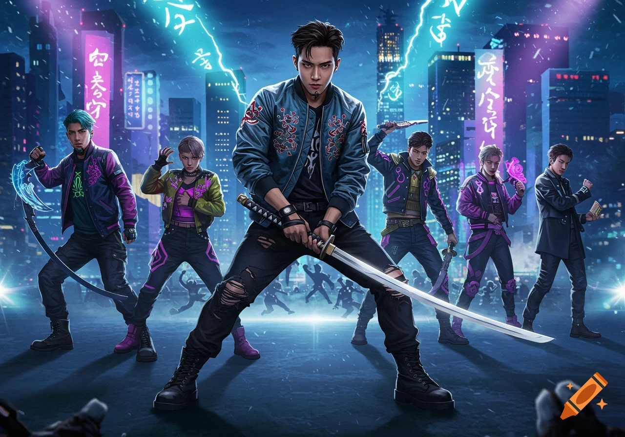 K-pop style demon hunters pose in a neon-lit cyberpunk city, holding various weapons.