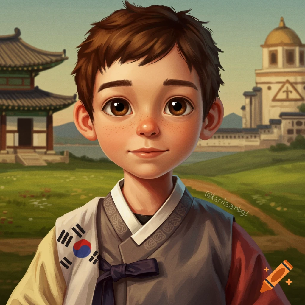 Cartoon boy with brown hair and freckles, wearing a Korean hanbok with the national flag, in a landscape with varied architecture.
