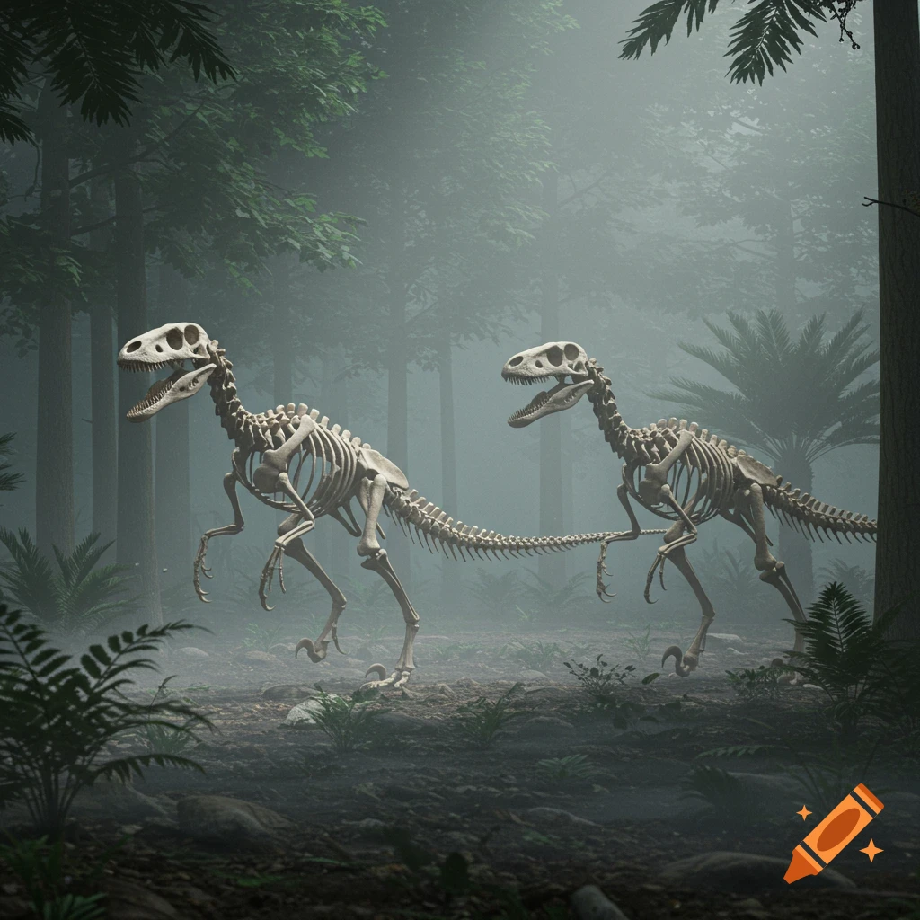 Two photorealistic velociraptor skeletons stride through a misty, prehistoric forest.