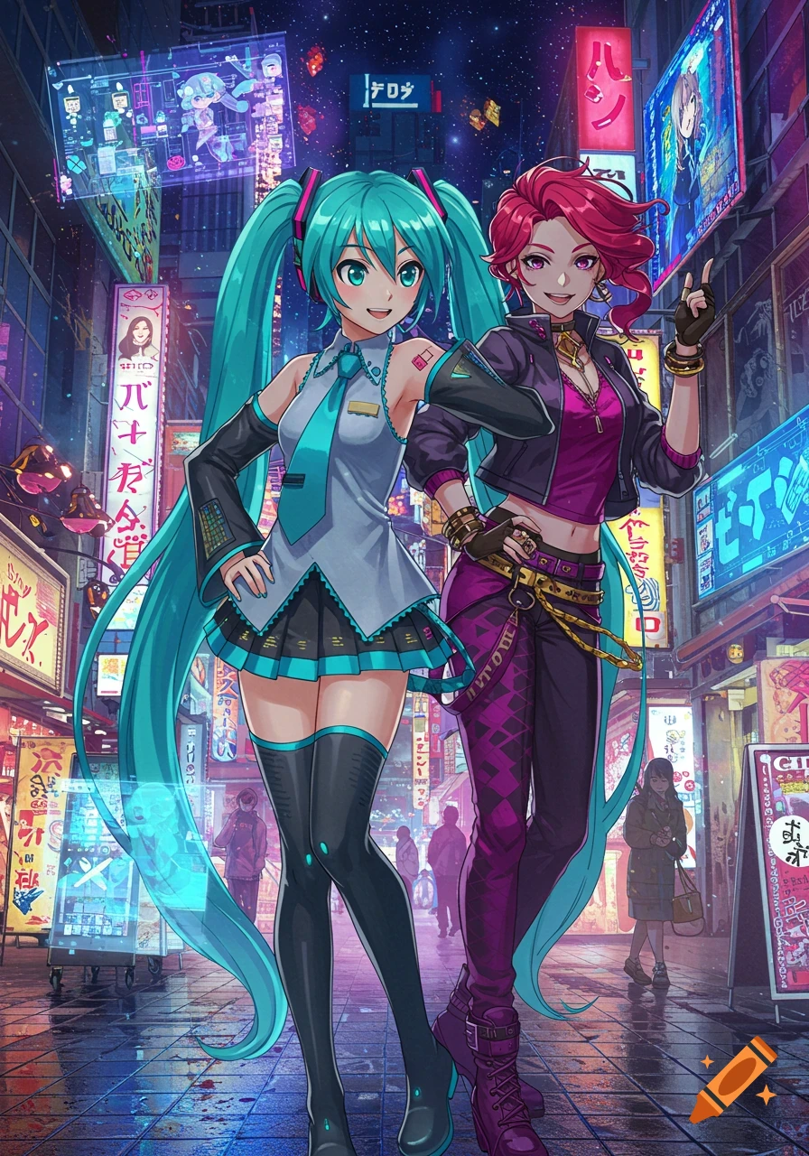Hatsune Miku and another anime girl stand in a vibrant neon-lit cyberpunk city at night.