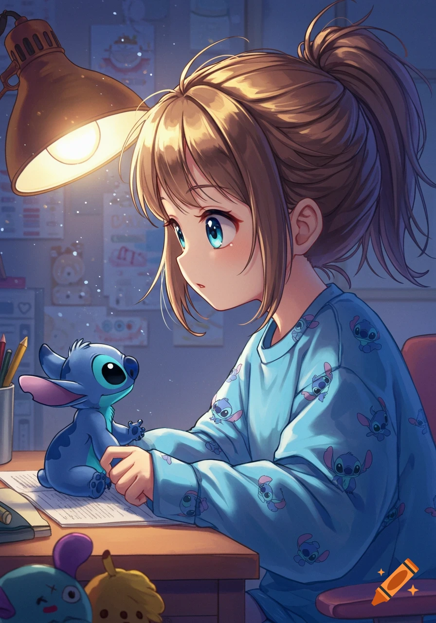 Anime girl in blue Stitch pajamas sits at a desk under a lamp, looking at a Stitch plushie. Cartoon style.