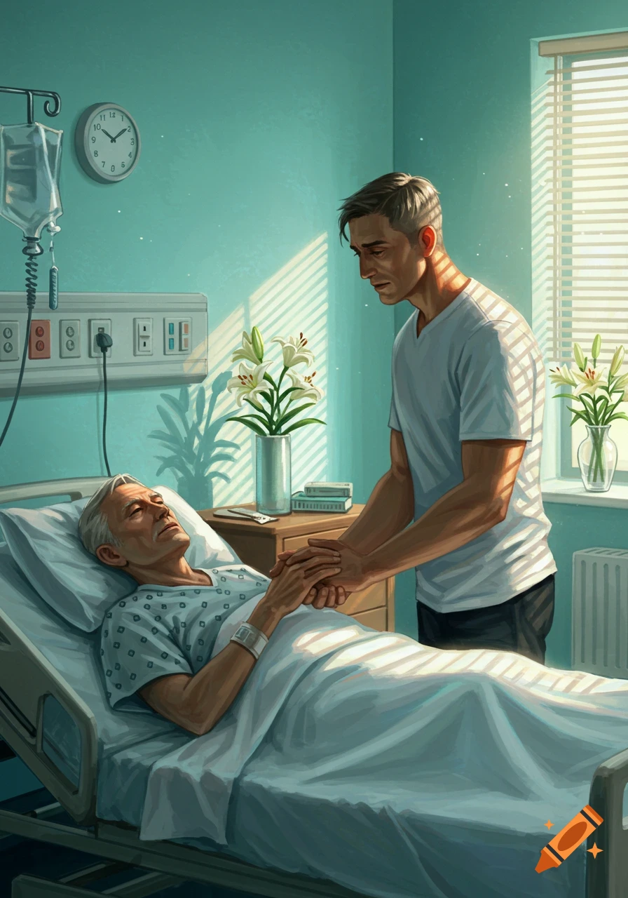 A younger man holds the hand of an older man in a hospital bed with an IV drip and lilies, bathed in sunlight.