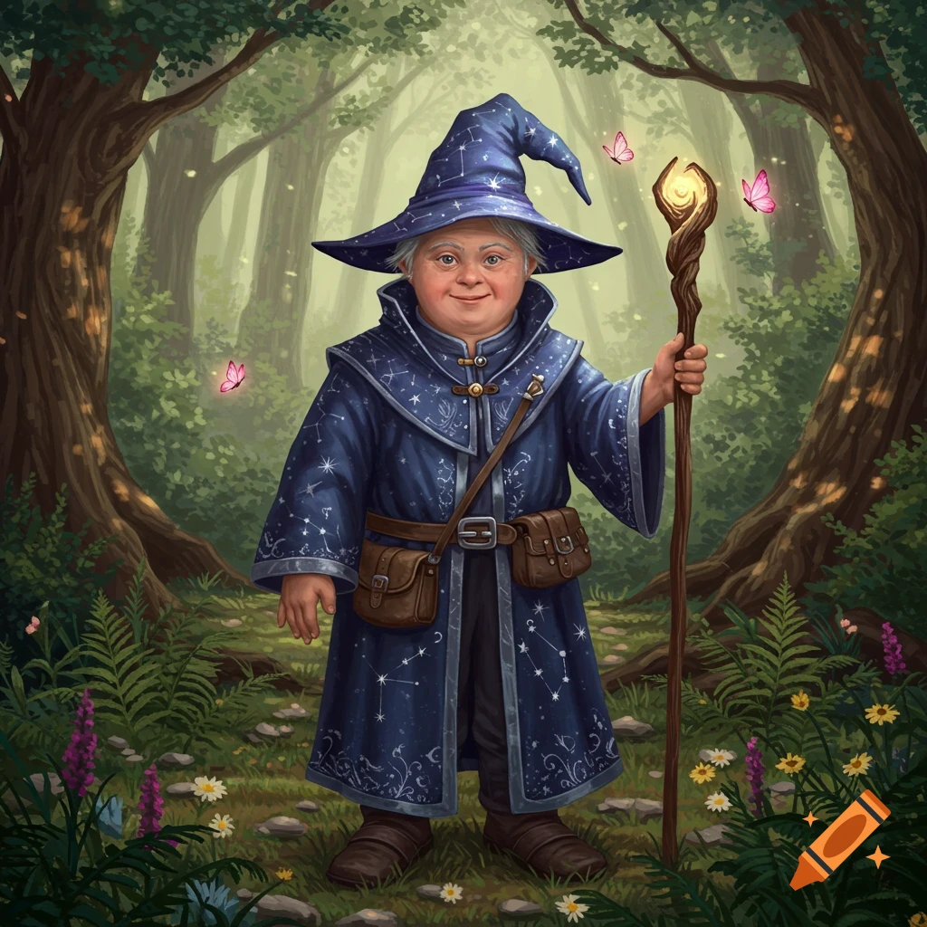 A smiling wizard with a pointed hat and a starry blue robe holds a glowing staff in a magical forest with butterflies.
