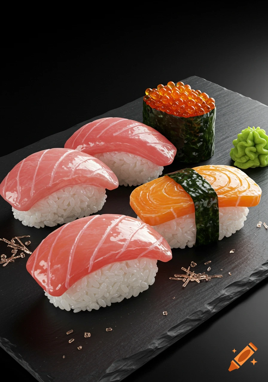 Three pieces of pink nigiri, one orange salmon nigiri, and one gunkan maki with orange roe, resembling candy, on a dark slate with wasabi.