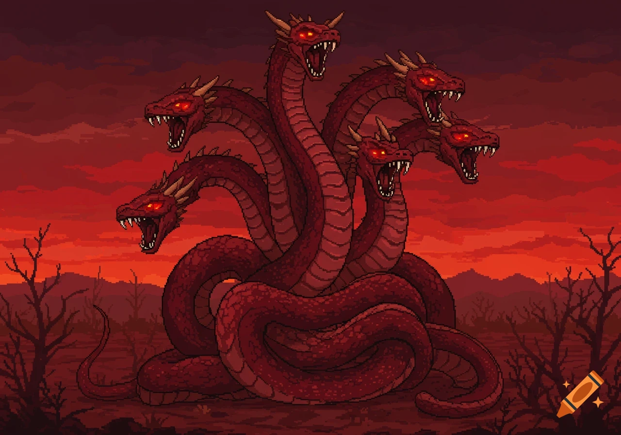 A terrifying red multi-headed hydra monster with glowing eyes, rendered in pixel art, stands against a dark, desolate, red sky.