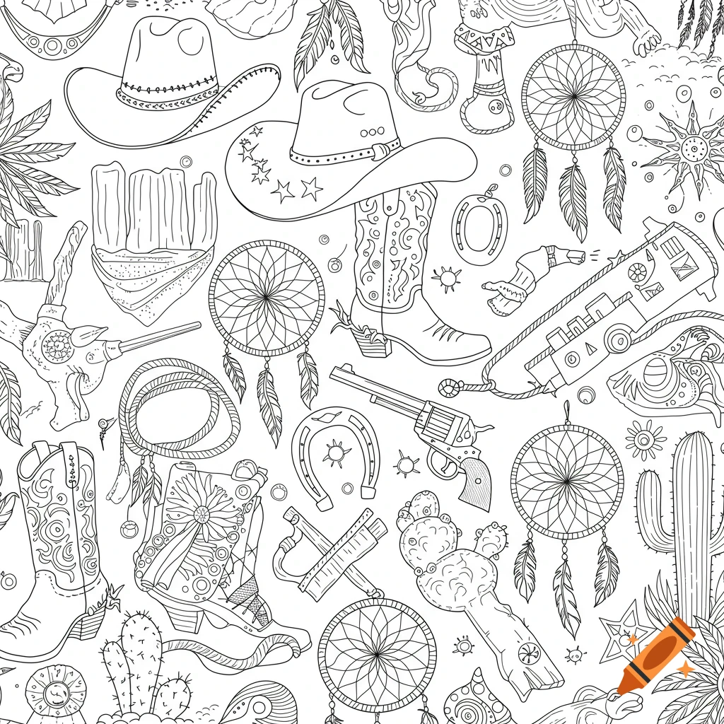 Seamless line art pattern of various western elements like cowboy hats, boots, revolvers, dream catchers, and cacti.