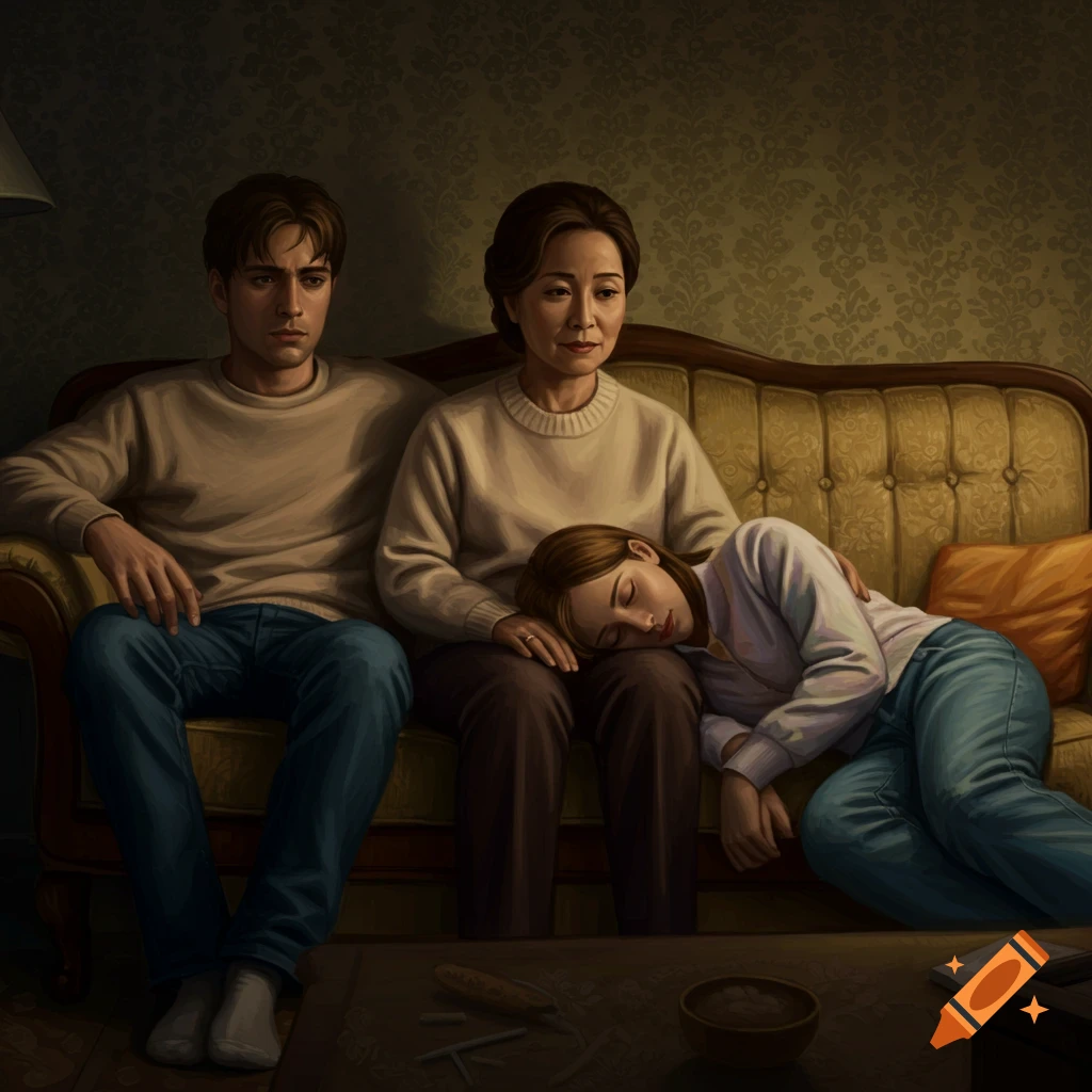 Three people, a man, an older woman, and a young woman sleeping on her lap, sit somberly on a sofa in a dim room.