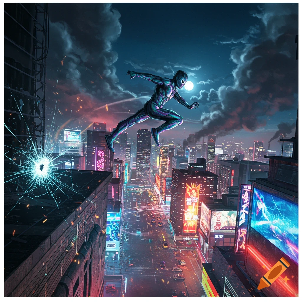 A stylized superhero in a glowing suit leaps over a vibrant, neon-lit cyberpunk city at night, under a cloudy sky.