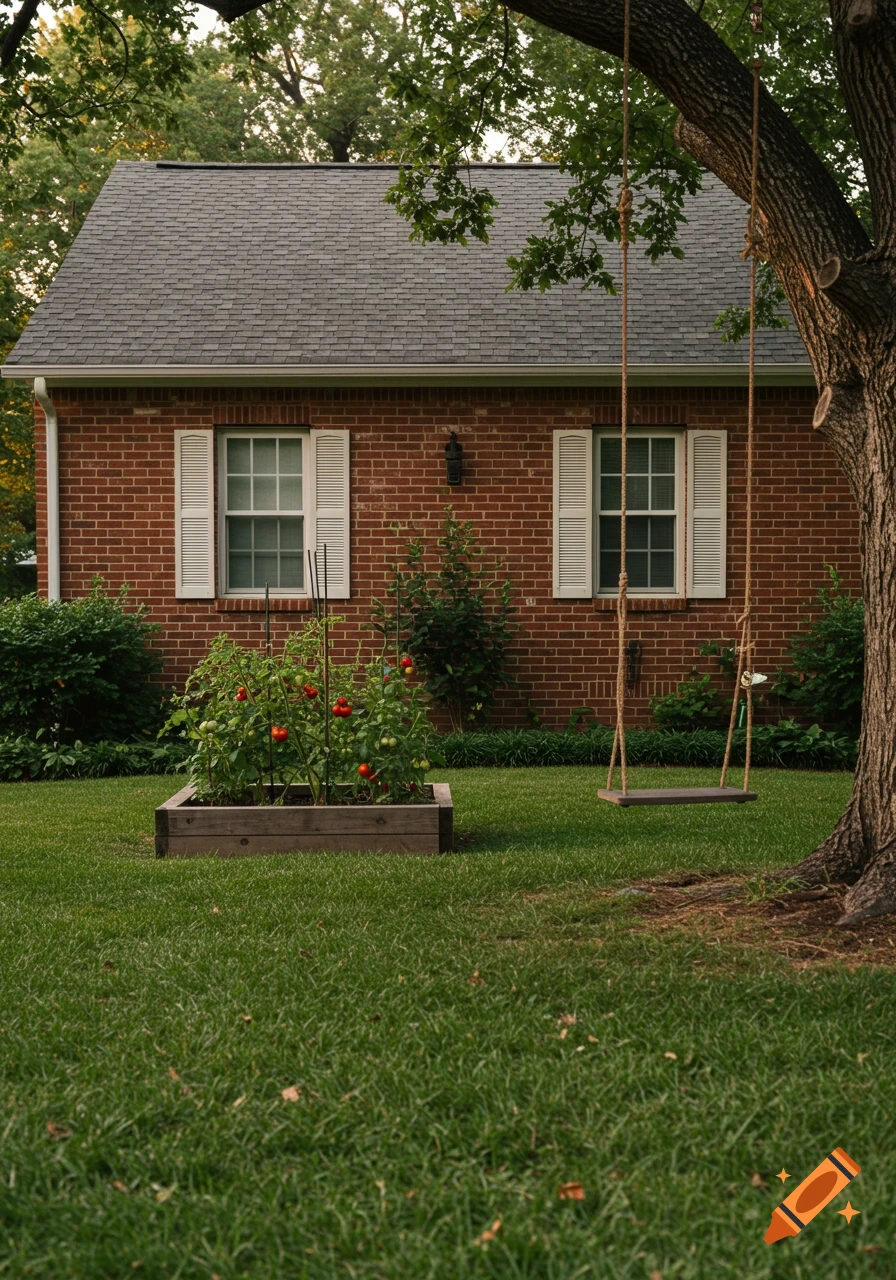 A quaint brick house with white shutters, a raised tomato garden, and a wooden rope swing in a grassy yard.