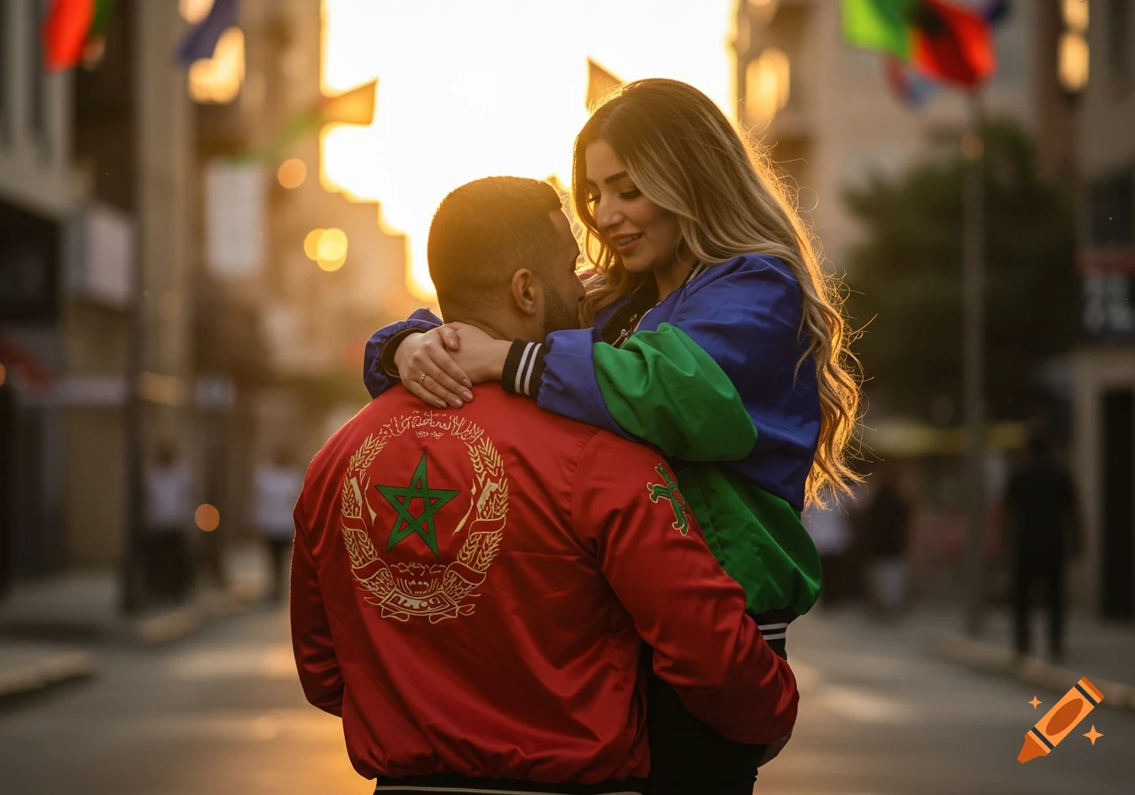 A man in a red jacket with the Moroccan coat of arms holds a woman in a blue and green jacket, both smiling, in a golden hour street setting.
