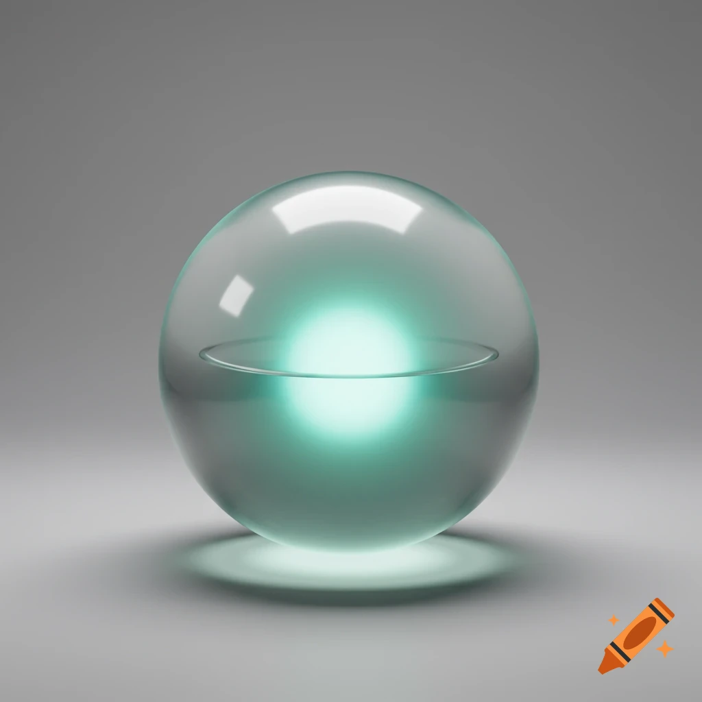 A photorealistic 3D rendering of a transparent glass orb with an internal mint-green glow, on a gray background.