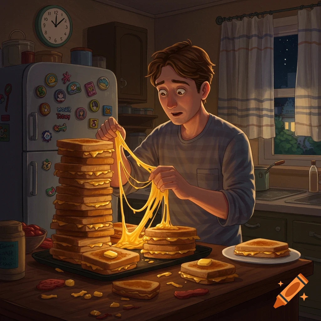 An illustration of a man pulling melted cheese from a large stack of grilled cheese sandwiches in a dimly lit kitchen at night.