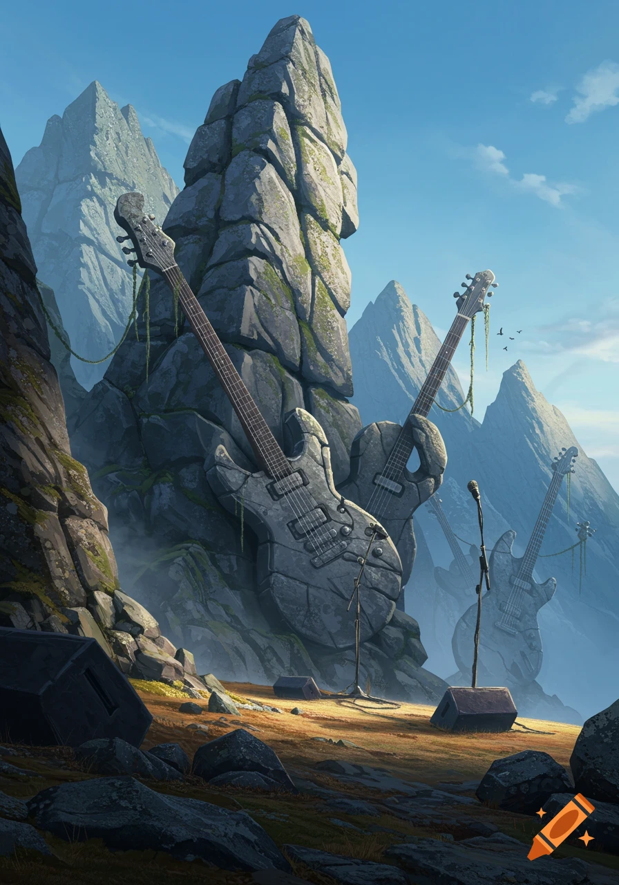 Rock guitars and music equipment made of stone embedded in mossy mountains under a blue sky.