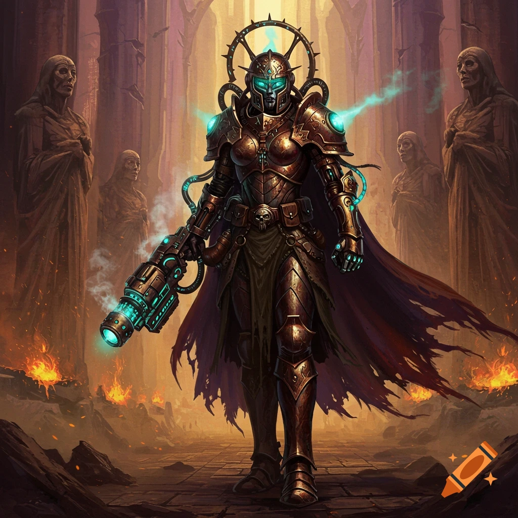 A heroic dark fantasy female warrior in ornate, glowing bronze armor with a blaster cannon, stands in a ruined, fire-lit alien cathedral.