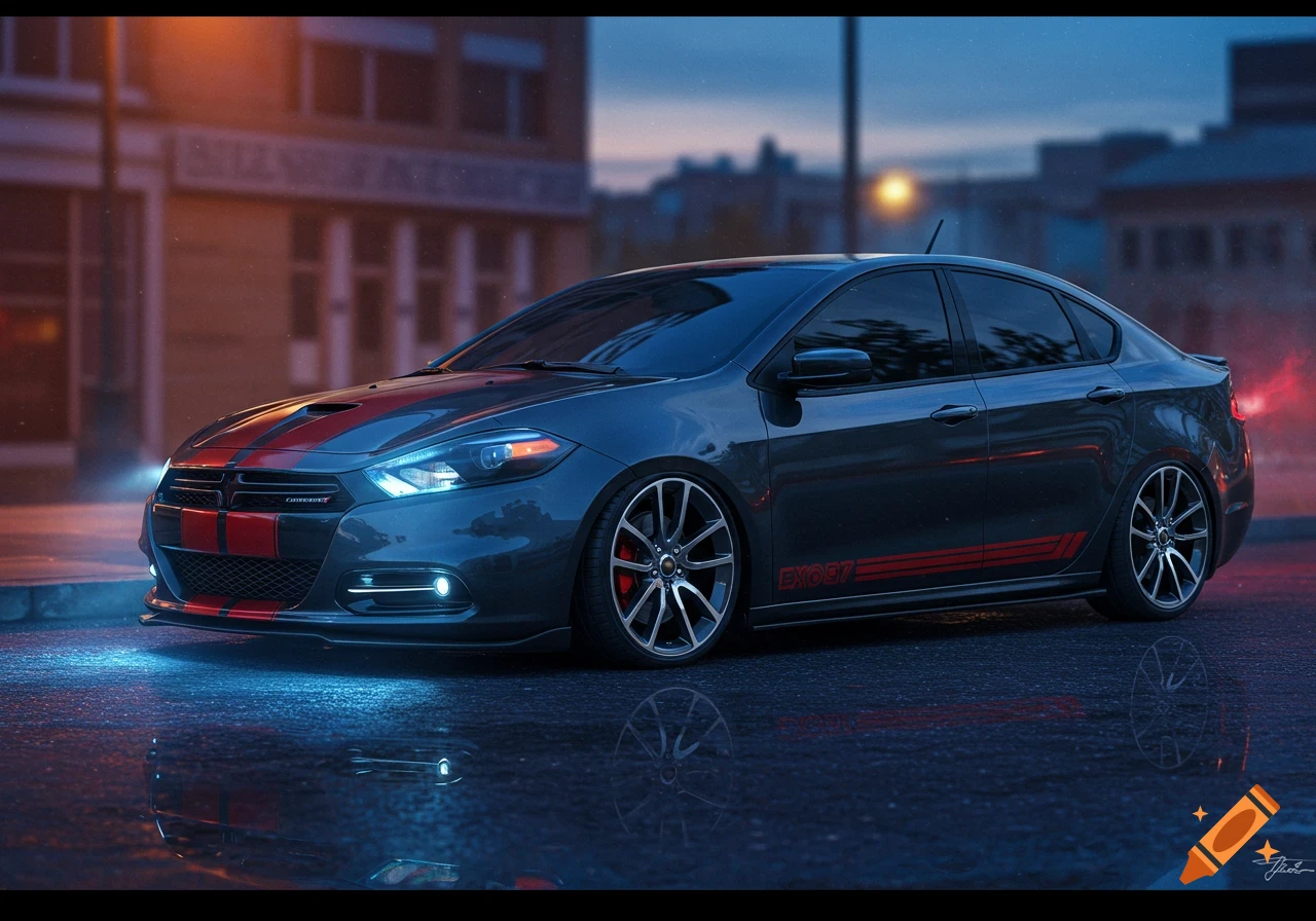 A dark gray customized sedan with red racing stripes on the hood and side, parked on a wet street at dusk with blurred city lights.