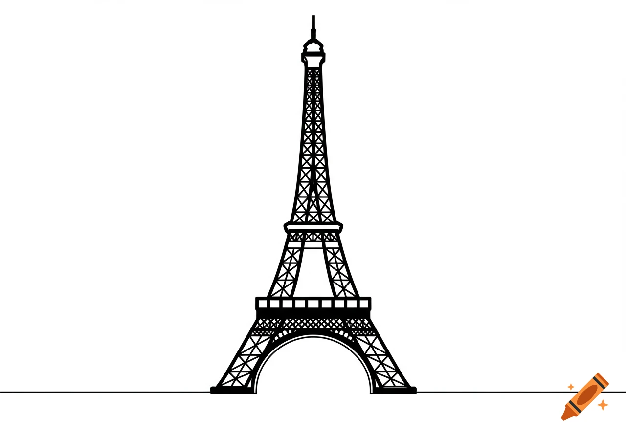 Minimalist black line art illustration of the Eiffel Tower on a white background.