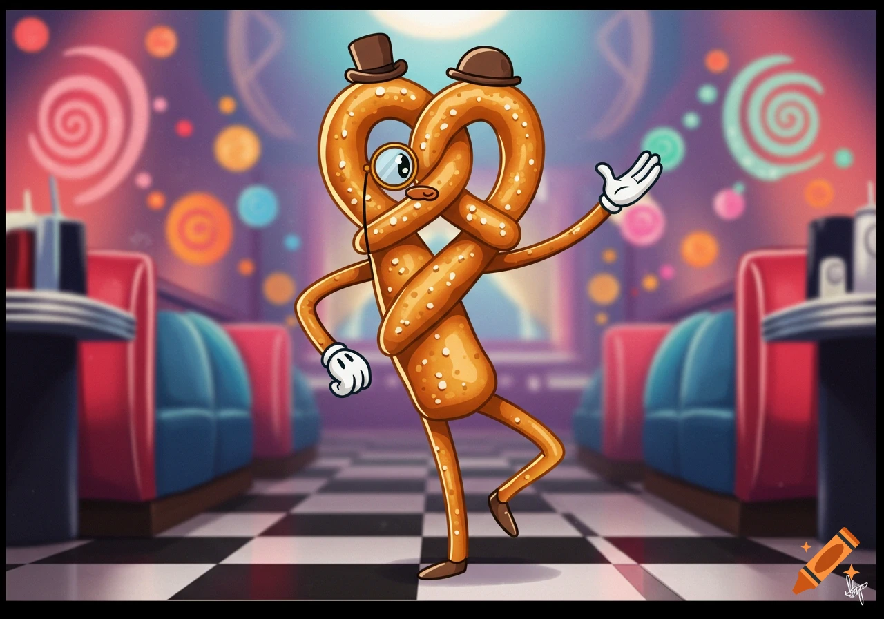 A cartoon pretzel character with two hats and a monocle, wearing white gloves and brown shoes, dancing in a retro diner.