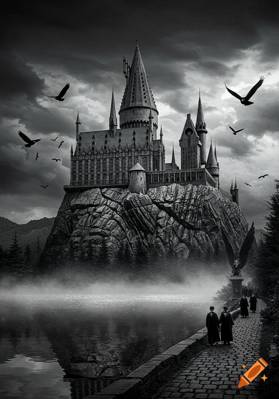 A dramatic black and white fantasy scene of a grand castle on a cliff above a misty lake, with people walking on a path and birds flying under a stormy sky.