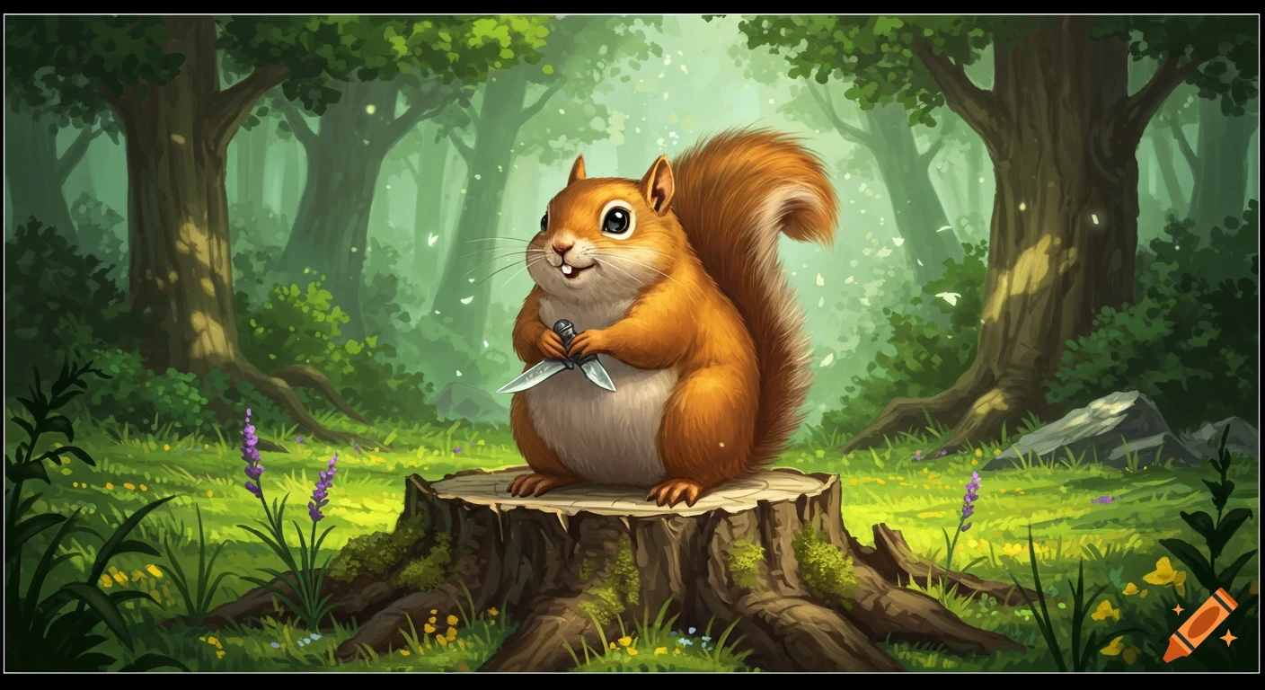 A mischievous chubby squirrel sitting on a tree stump, holding a knife, in a fantasy forest, in the style of Magic: The Gathering.