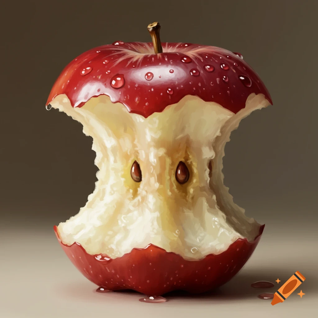 Photorealistic bitten red apple with water droplets, revealing white flesh and seeds.
