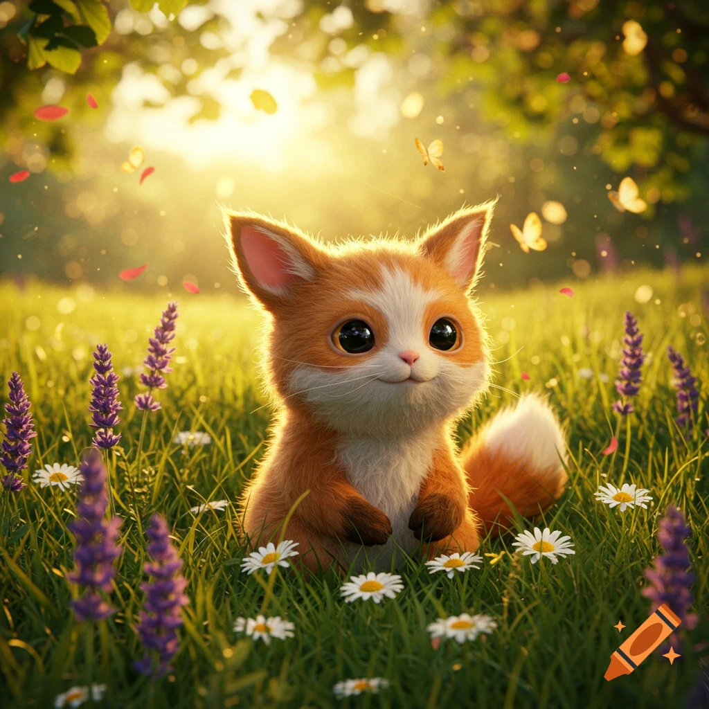 A fluffy orange and white creature with big eyes sits in a sunny field of green grass and purple flowers, with butterflies fluttering around.