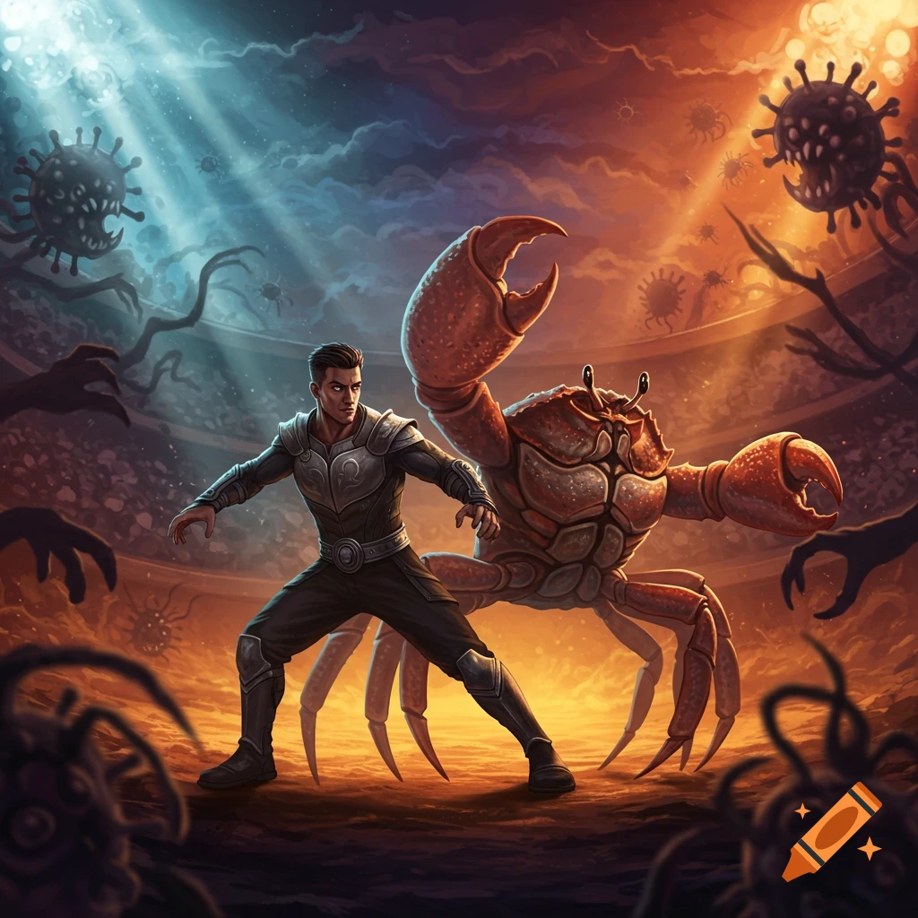 A man in armor and a giant crab team up in an arena, battling stylized viruses and shadowy hands.