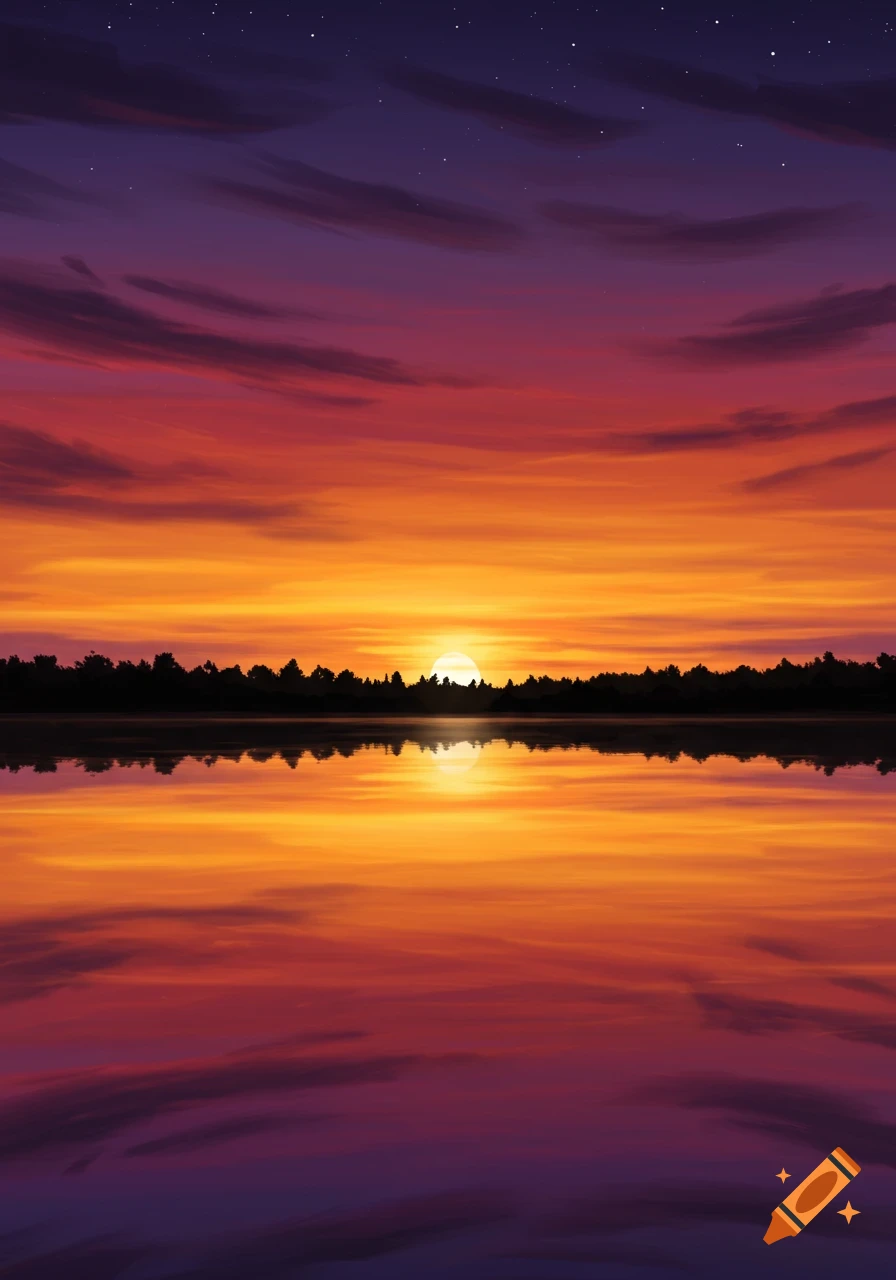 A vibrant sunset over a calm lake, reflecting orange, red, and purple hues, with a dark forest silhouette against the horizon.