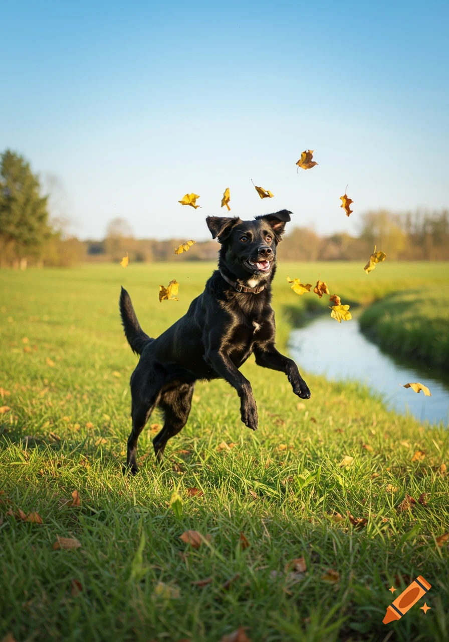 A playful black dog with dark brown eyes jumps in a green field as autumn leaves fall around it, next to a small stream under a clear blue sky.
