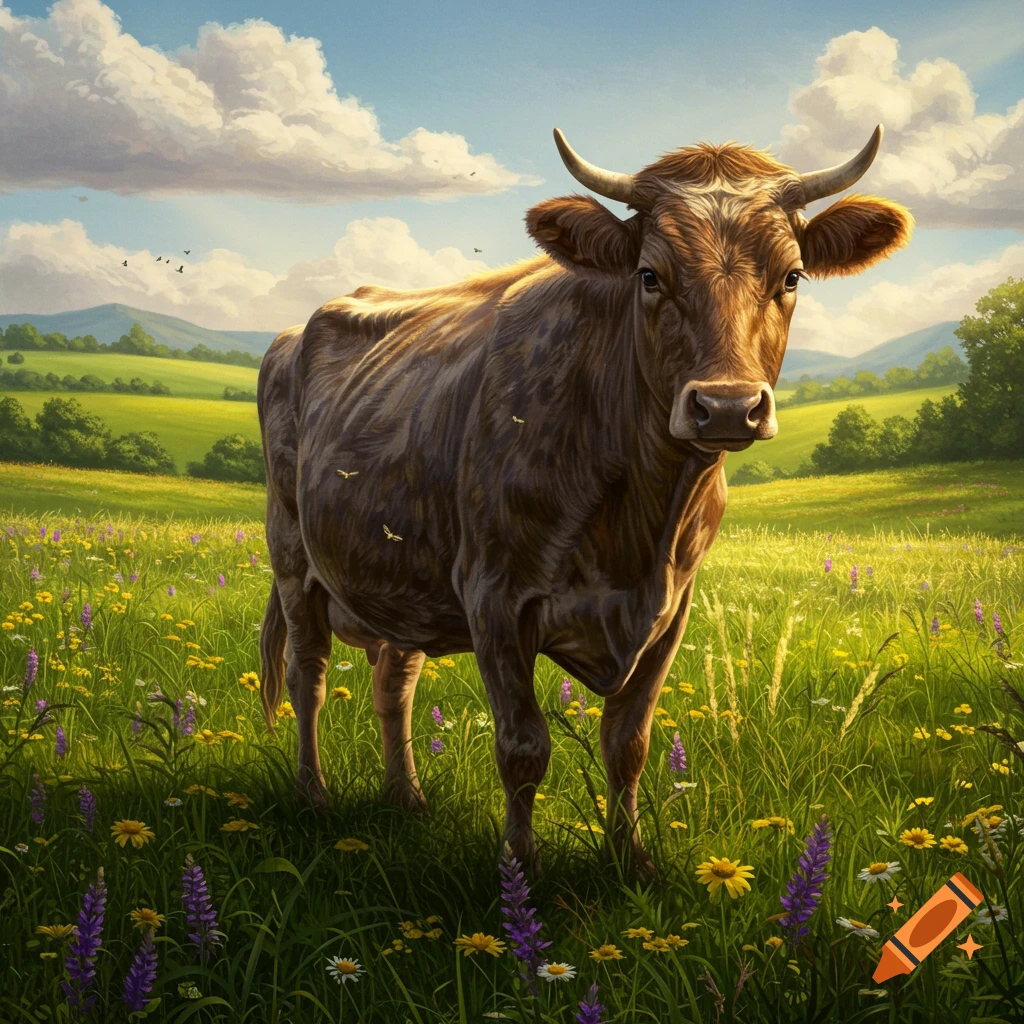 A brown cow with horns stands in a green meadow filled with yellow and purple wildflowers under a blue sky with white clouds.