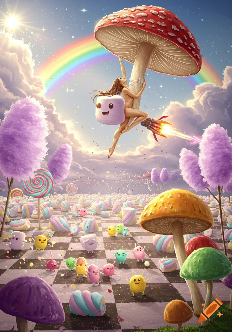 A woman rides a giant mushroom rocket over a surreal candyland with marshmallow chessboards and candy trees under a rainbow sky.