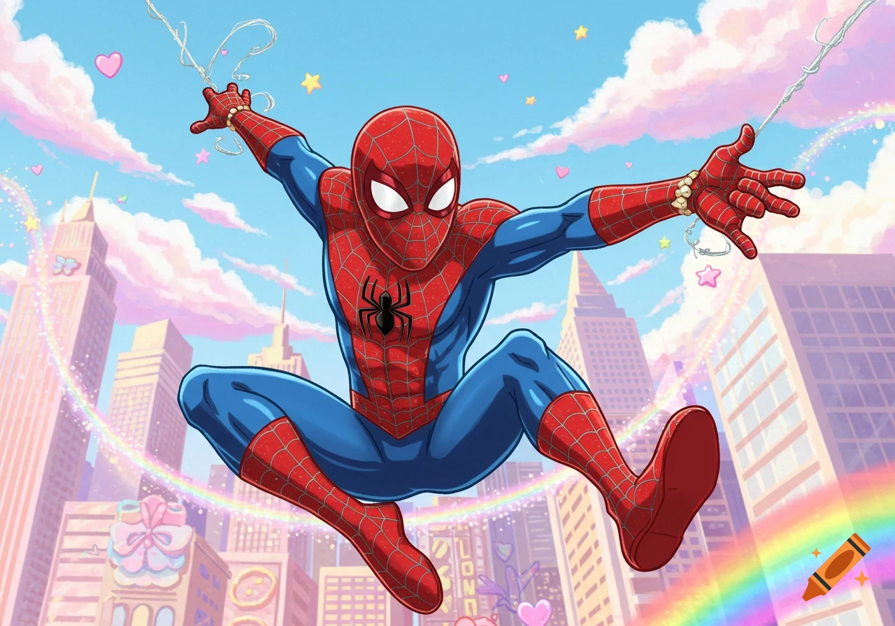 Spider-Man in an anime style leaps through a whimsical, pastel city with rainbows, hearts, and stars.