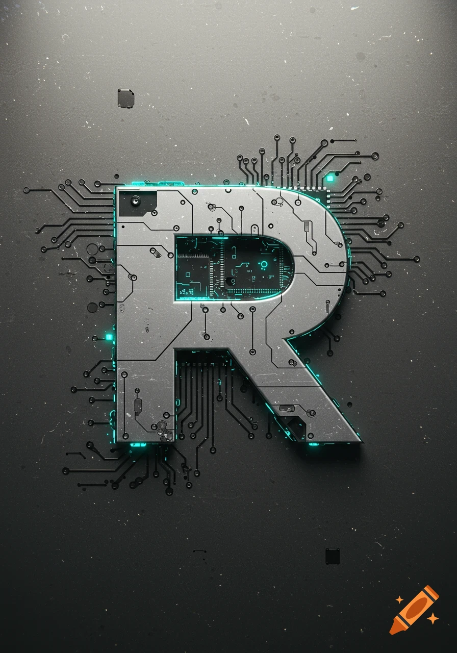 Metallic letter R with integrated circuit patterns and glowing turquoise details on a dark background, digital art style.