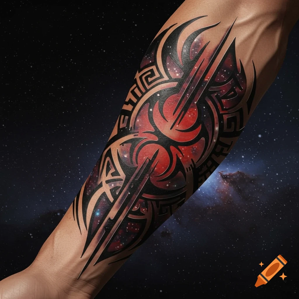 A close-up of a forearm displaying a red and black sci-fi or tribal tattoo with a galaxy pattern, set against a dark starry background.