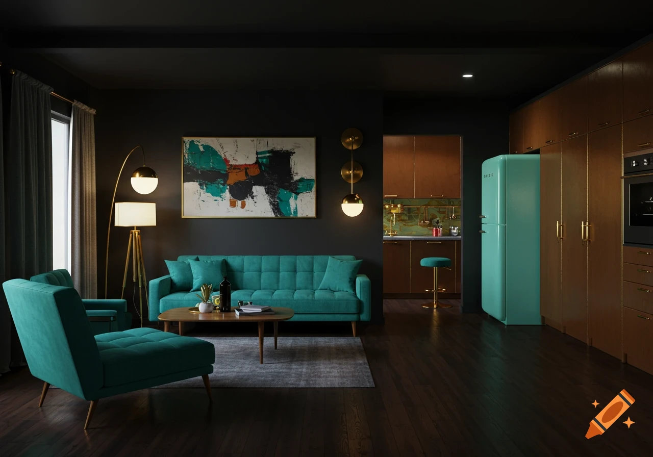 A modern living room and kitchen featuring dark wood floors, turquoise sofa and armchair, and a retro turquoise SMEG refrigerator. The style blends 50s-70s with contemporary elements.