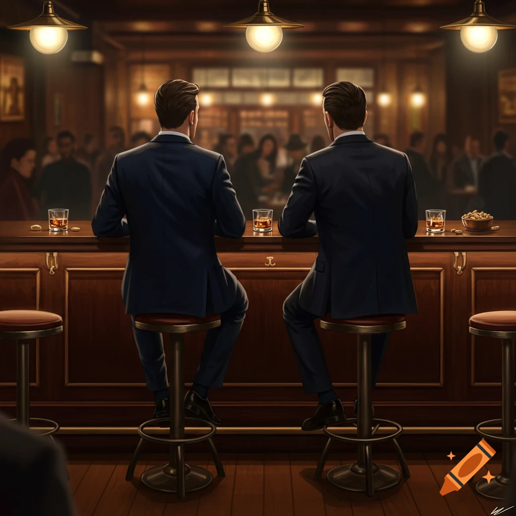 Two men in dark suits sit at a warmly lit wooden bar from behind, with drinks and snacks. The background shows blurred patrons.