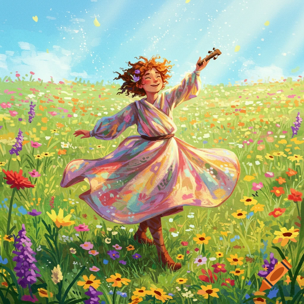 A joyful person with curly red hair dances in a field of colorful wildflowers under a sunny sky, holding a small instrument.
