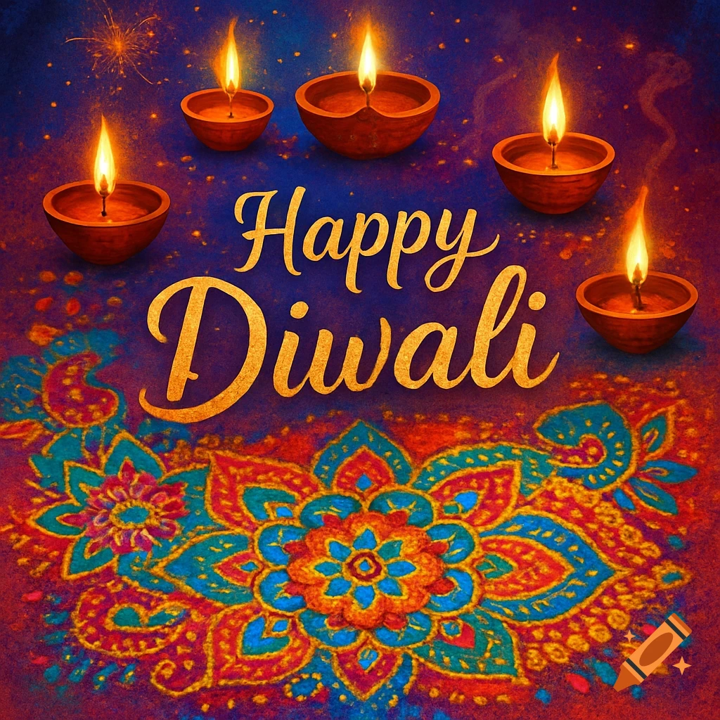 A vibrant Happy Diwali greeting card with five lit oil lamps (diyas) and a colorful intricate rangoli pattern on a dark, sparkling background.