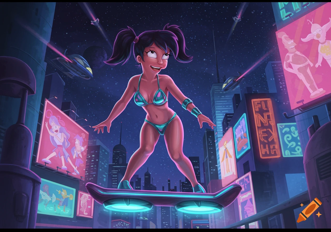 A cartoon character resembling Amy Wong from Futurama, with pigtails and a bikini, surfs on a hoverboard over a futuristic city at night.