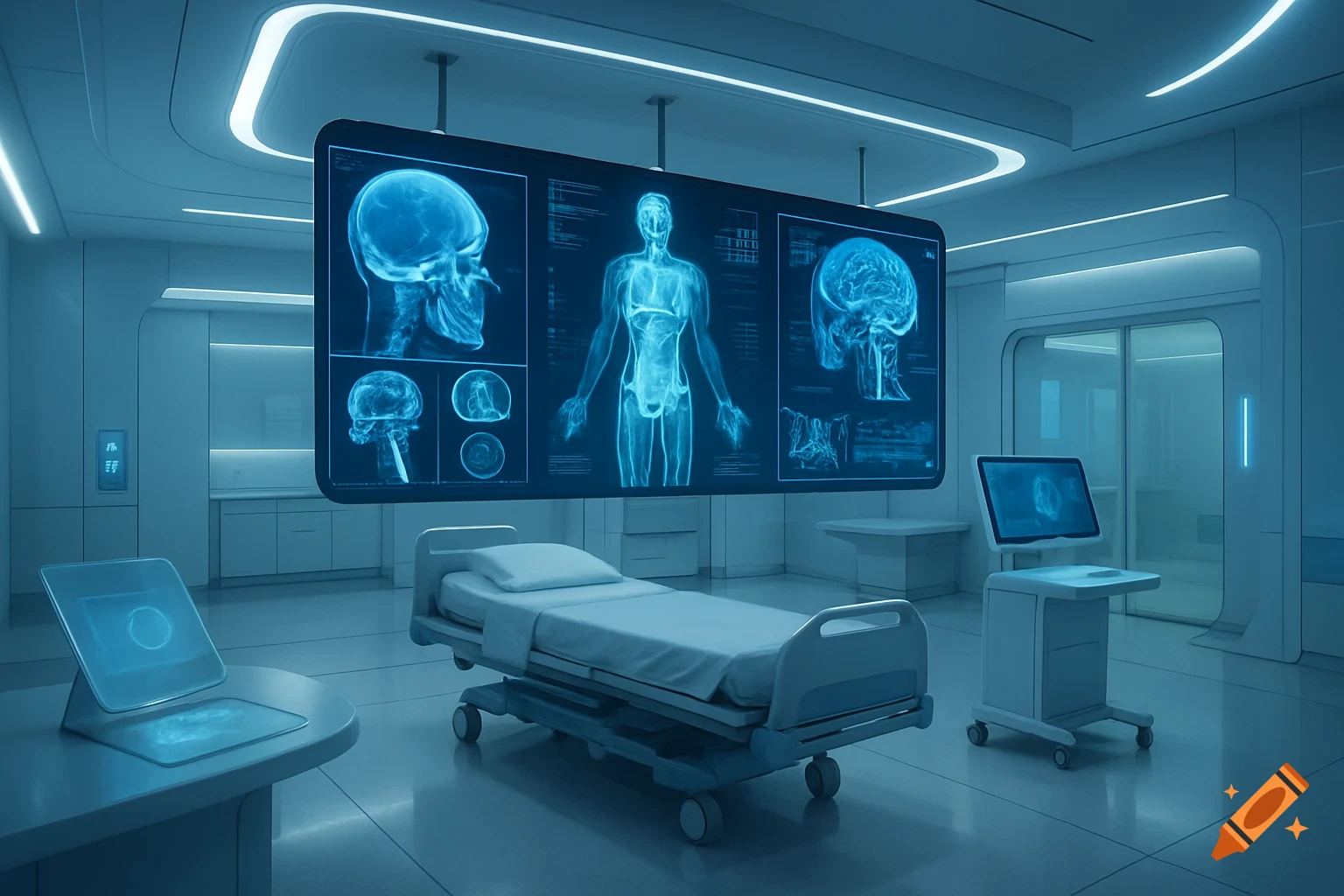 A futuristic, sterile hospital room with glowing blue digital screens displaying x-ray like human skull and body scans, next to an empty bed.