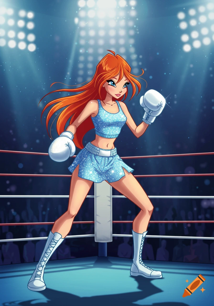Bloom from Winx Club in a light blue glittery boxing outfit and white gloves, in a defensive stance in a brightly lit boxing ring. Cartoon style.