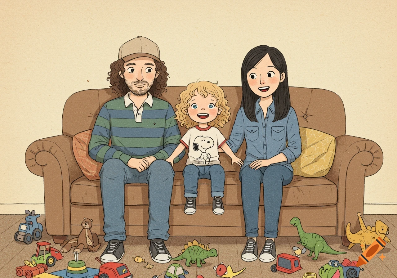 Hand-drawn illustration of a family on a couch in a cozy living room, surrounded by scattered toys.