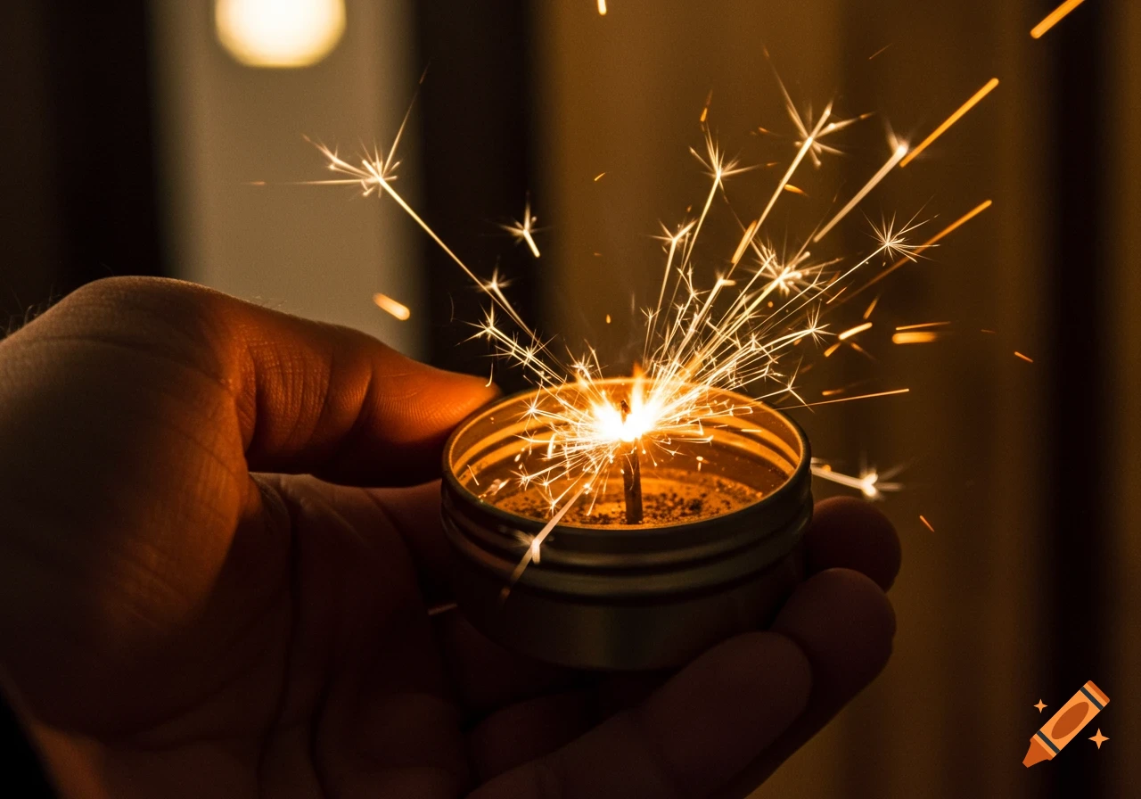 A close-up shot of a hand holding a small tin from which bright, golden sparks erupt upwards against a dark background.