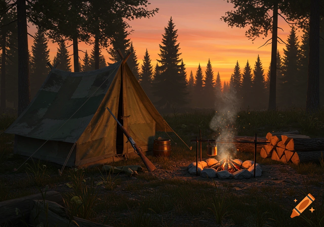 A canvas tent and rifle at a forest campsite with a crackling campfire, logs, and a barrel under a vibrant sunset.