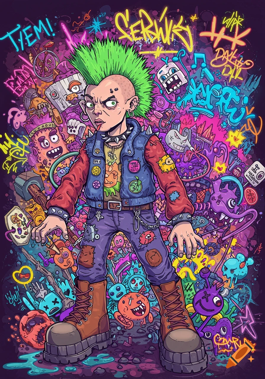 A punk character with a green mohawk and studded clothing stands amidst a chaotic, colorful graffiti background with cartoon monsters.