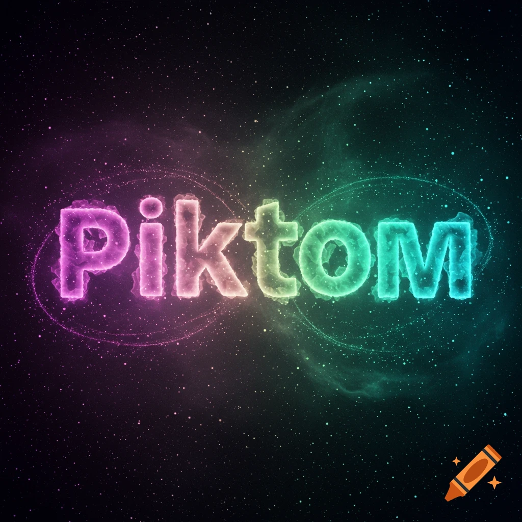 The word "Piktom" glows in vibrant pink, orange, and green against a dark, star-filled cosmic background with nebula-like wisps.